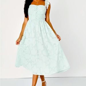 Lulu’s Radiant Delight Sage Green Burnout Ruched Tie Strap Midi Dress